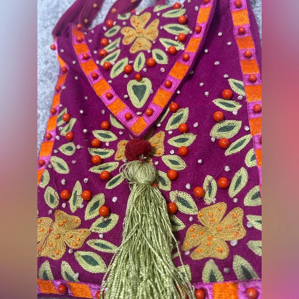 PATIENCE BREWSTER boho Beaded Cotton Crossbody Bag